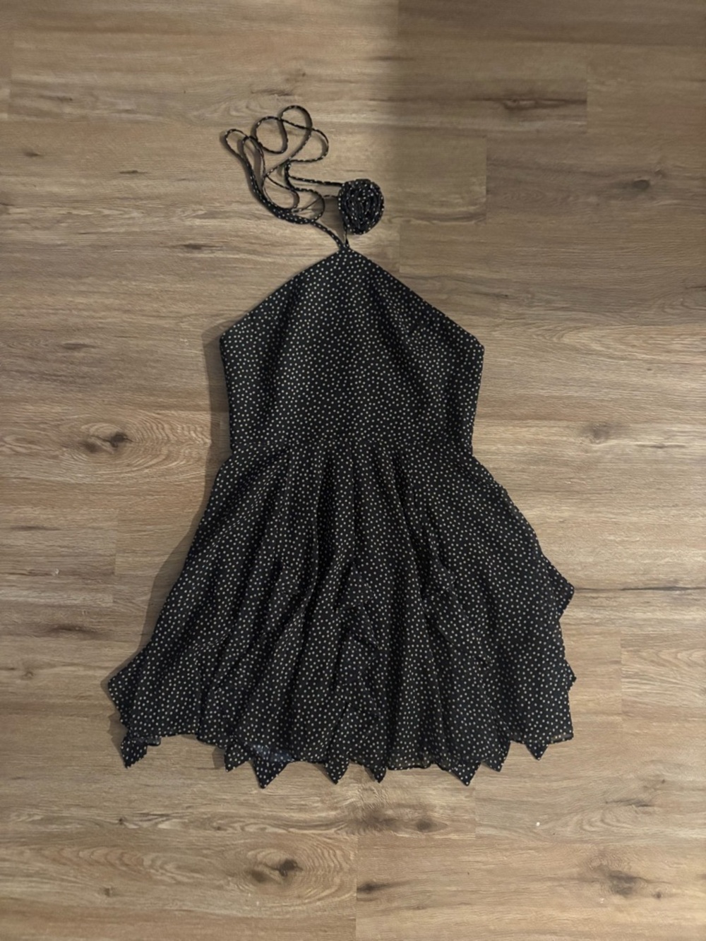 Amanda Uprichard Black Polka Dot Halter Mini Dress Ruffle Hem Size M